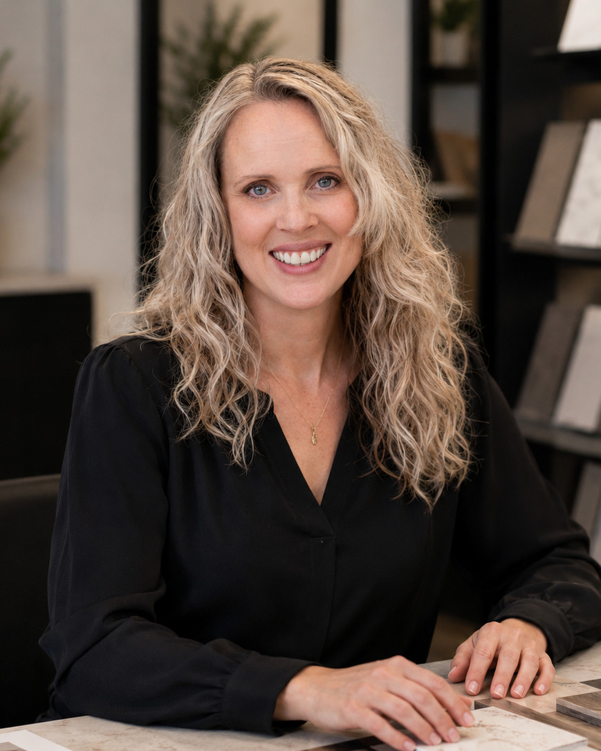 Portrait of Danya Uptegrove, designer at Bella Domus, seated at a material selection table with a shelf of stone and wood samples behind her
