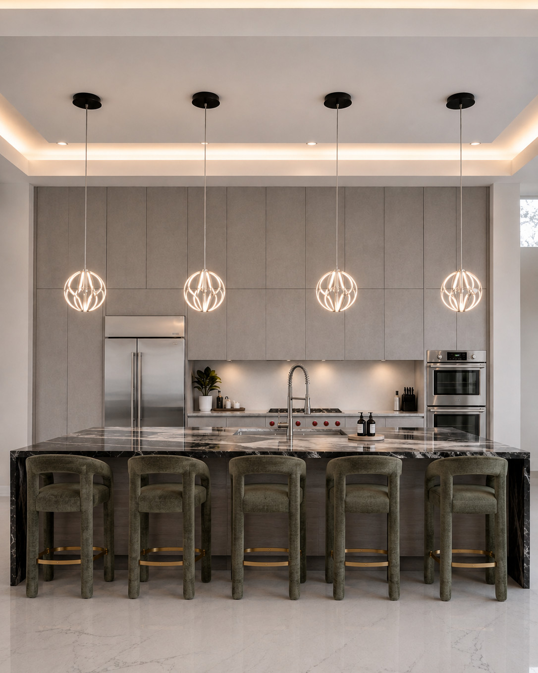 Frontal view of a grey slab kitchen with a black marble waterfall island, five olive velvet counter stools with brass footrails, and four spherical pendant lights beneath a cove-lit tray ceiling.