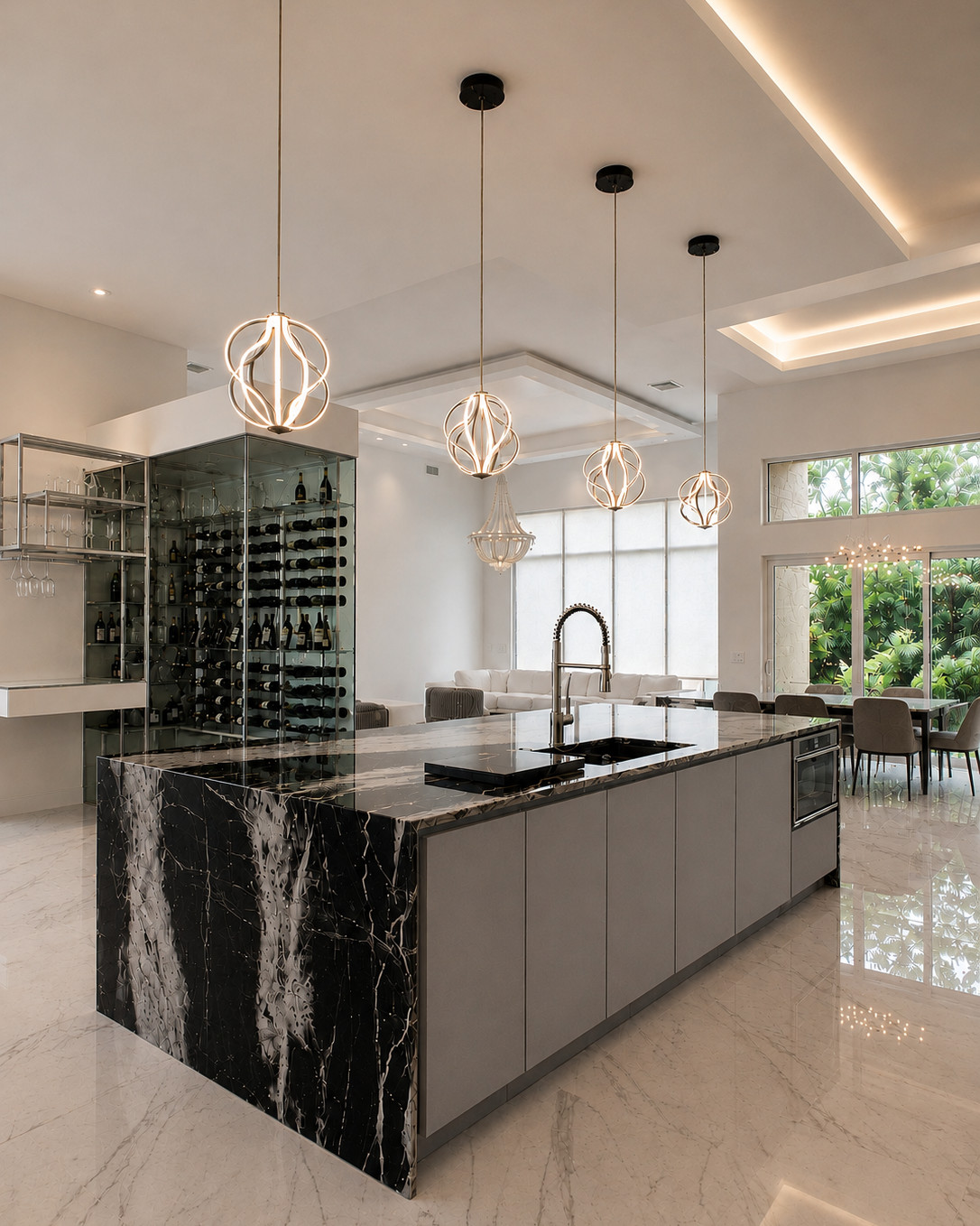 Open-plan kitchen with a black marble waterfall island, mirrored glass wine wall, sculptural globe pendants and polished white marble flooring extending to the dining and living areas.