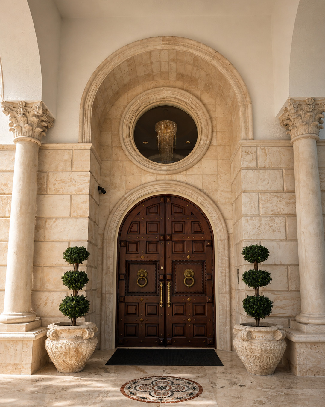 Arched limestone entry with carved wood double doors, brass lion-head ring knockers, Corinthian columns, boxwood topiaries in carved stone urns and a mosaic medallion set into the marble floor.
