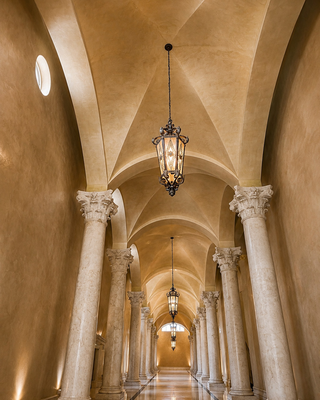 Groin-vaulted gallery lined with Corinthian marble columns, wrought-iron and amber-glass lantern pendants, and a polished marble floor with dark stone inlay bands.