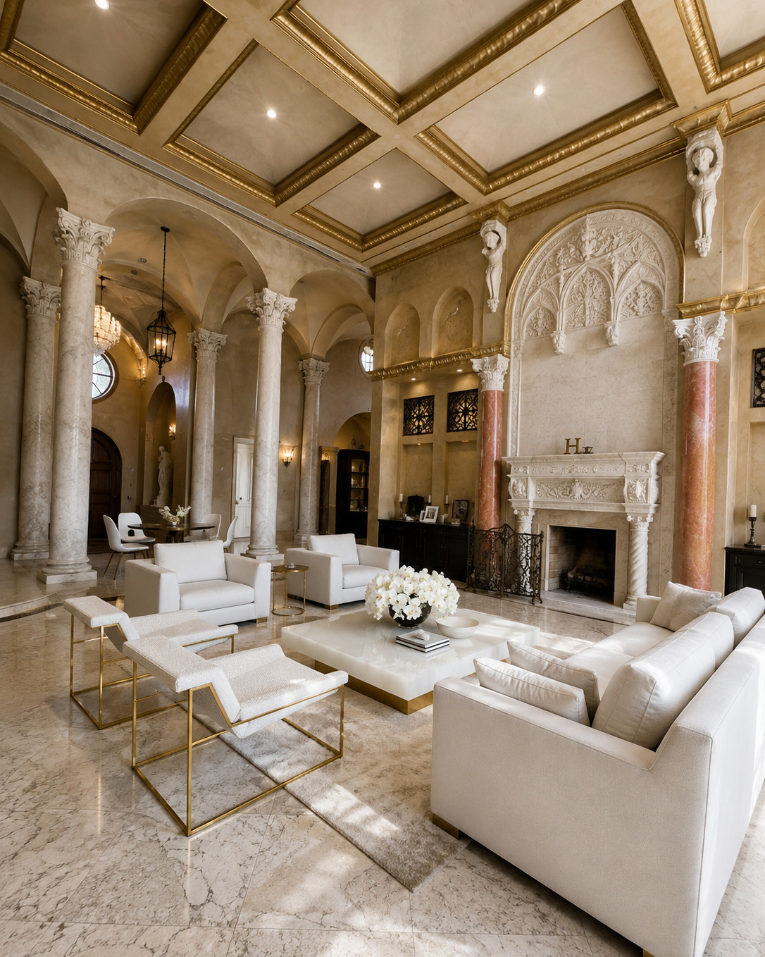 Double-height living room with a gilded coffered ceiling, carved limestone fireplace, rose marble columns, and white upholstered seating on brass frames over a polished marble floor.
