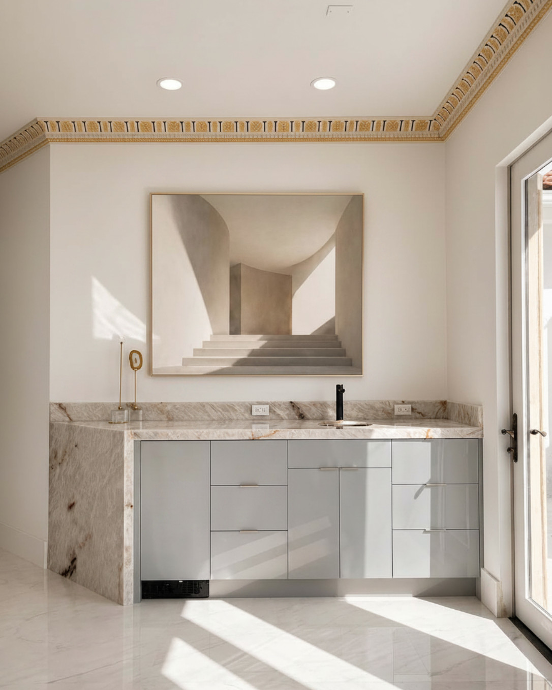 Wet bar with a quartzite waterfall counter, pale grey lacquered cabinet fronts, matte black faucet, gilded painted frieze cornice and a large framed abstract artwork in raking daylight.