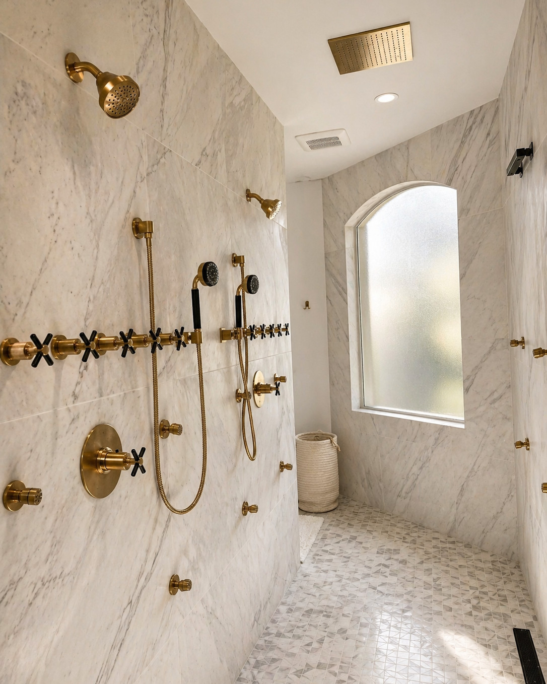 Marble-clad walk-in shower with brass and black cross-handle fixtures, ceiling rain head, hand showers on hooks, an arched frosted window and mosaic marble floor tile.
