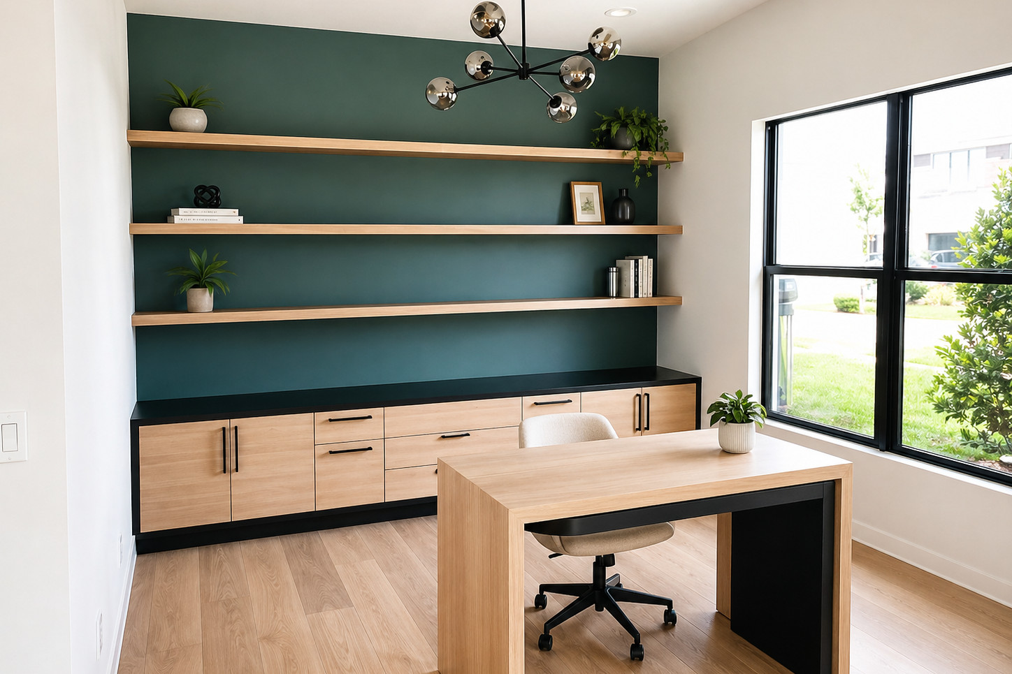 Home office with a teal accent wall, three floating white oak shelves, a black-topped oak credenza with black bar pulls, an oak and black desk, and a smoked-glass globe chandelier.