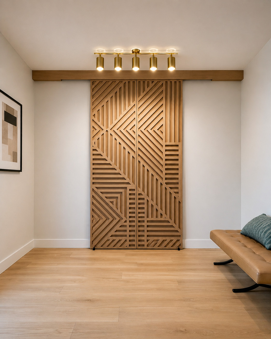 Entry vestibule with a geometric slatted white oak sliding door under a wood header, a brass five-head track light, a tan tufted leather bench, and light oak plank flooring.
