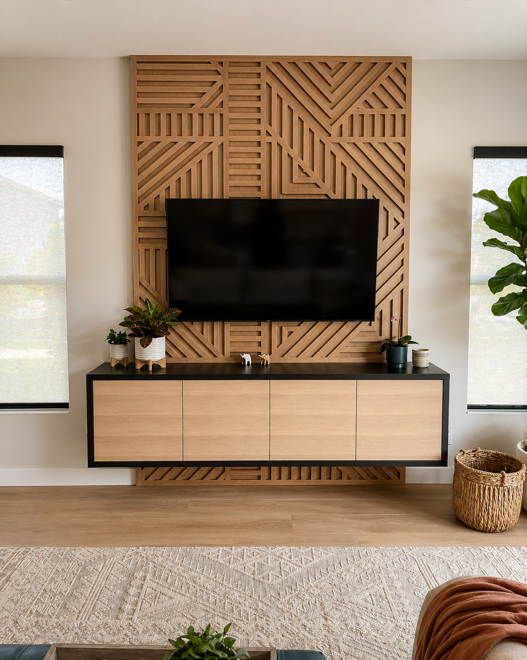 Living room media wall with a geometric slatted white oak panel, a wall-mounted television, a floating oak and black console, roller-shaded windows, and a woven cream rug.