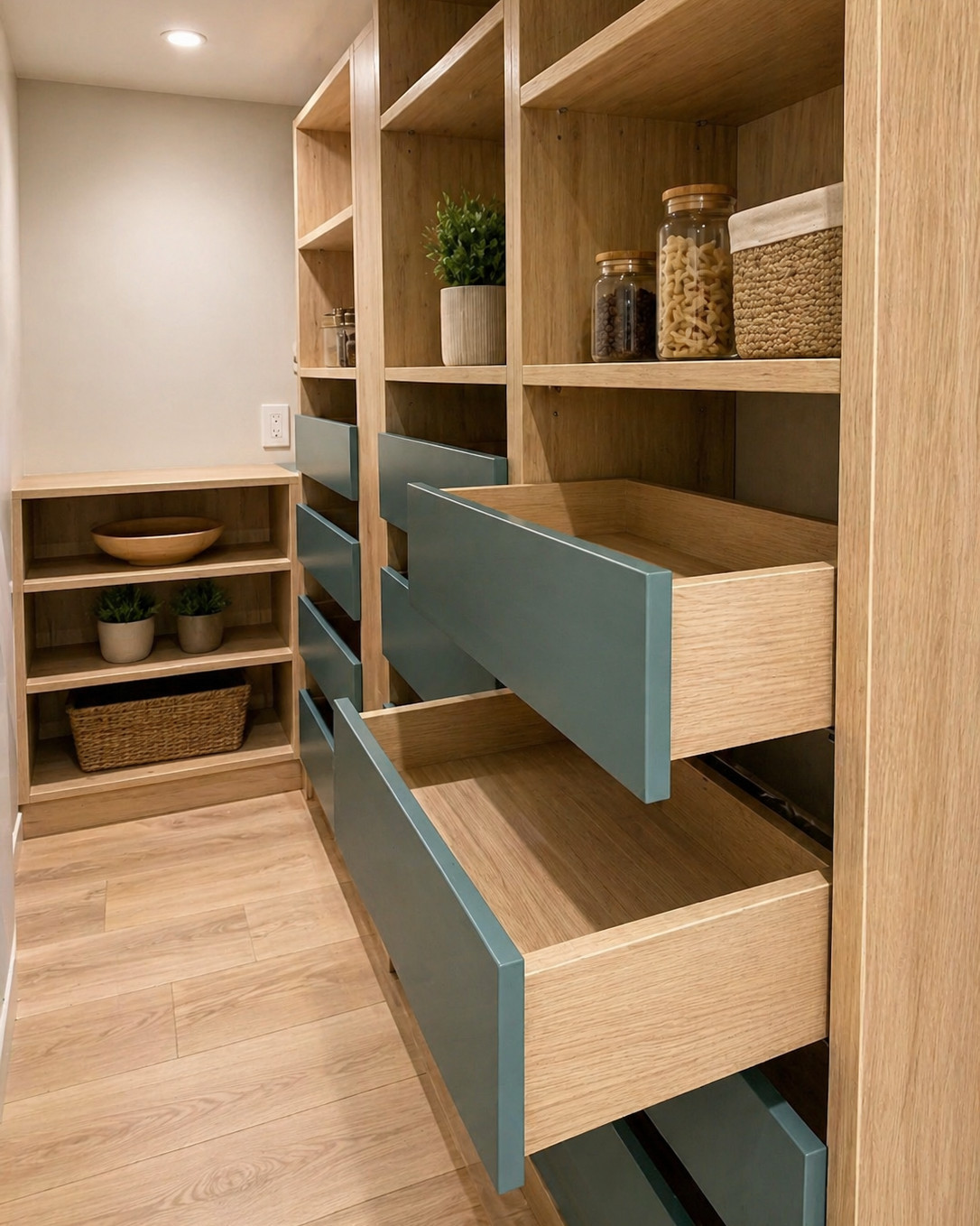 Walk-in pantry with white oak open shelving, teal painted drawer fronts, two drawers pulled open to show oak drawer boxes, glass canisters and woven baskets on the upper shelves.
