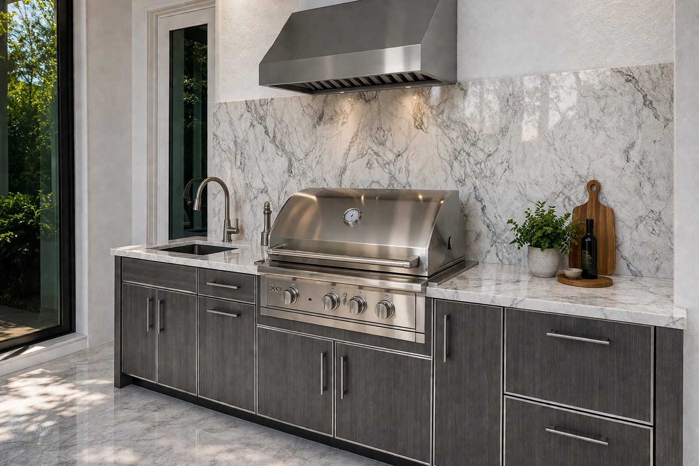 Outdoor kitchen with dark grey wood-grain cabinet fronts, a marble slab backsplash and countertop, a stainless steel wall hood and a built-in gas grill on a marble-tiled terrace.