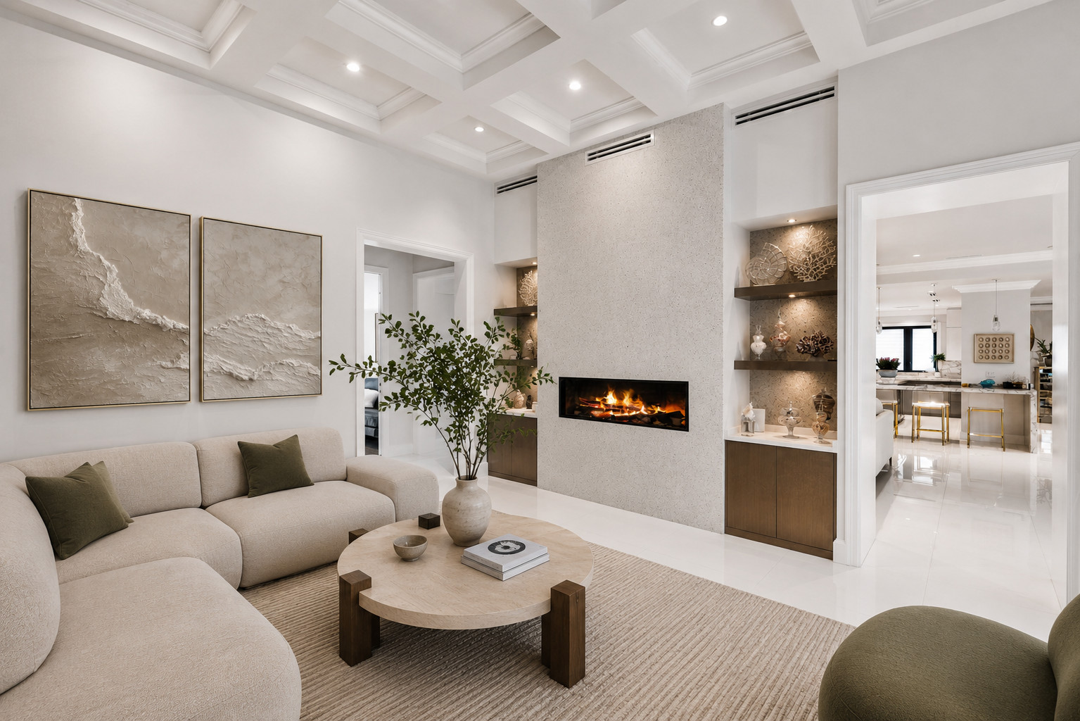 Living room with a full-height terrazzo fireplace wall and recessed linear gas fireplace, flanked by backlit niches with bronze-stained oak floating shelves and coral and shell objects. A coffered white ceiling with recessed downlights, a curved cream boucle sectional with olive cushions, a round travertine coffee table with chunky dark wood posts on a ribbed beige rug, and a pair of framed textured plaster artworks. Polished white porcelain tile floor leads to a marble-topped kitchen with gold-framed bar stools.