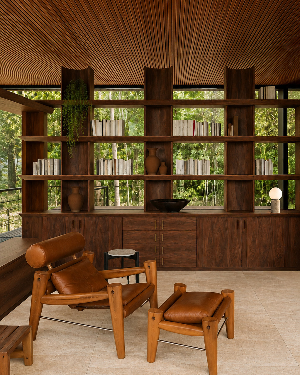 Walnut library wall with open shelving set against floor-to-ceiling glass, a radial slatted wood ceiling, and a leather sling chair with matching ottoman on travertine flooring.
