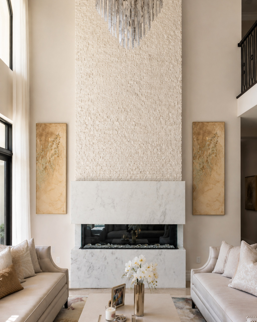 Double-height living room with a stacked stone chimney breast, white marble fireplace surround, crystal rod chandelier and two cream nailhead-trim sofas facing a stone coffee table.