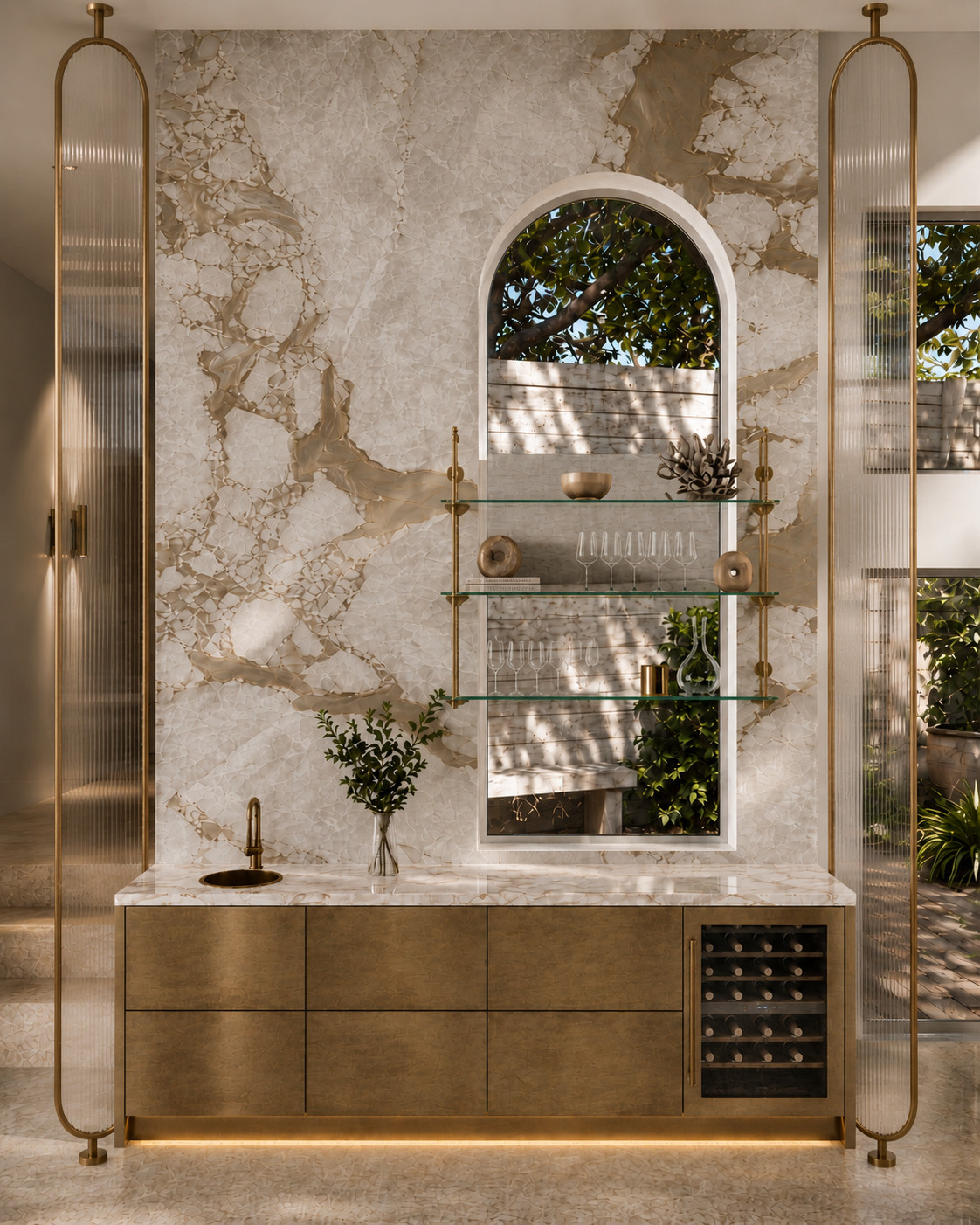 Wet bar with antique brass cabinetry, book-matched quartzite slab wall and countertop, floating glass shelves holding stemware, an arched window, an integrated wine refrigerator and fluted glass screens in brass frames.