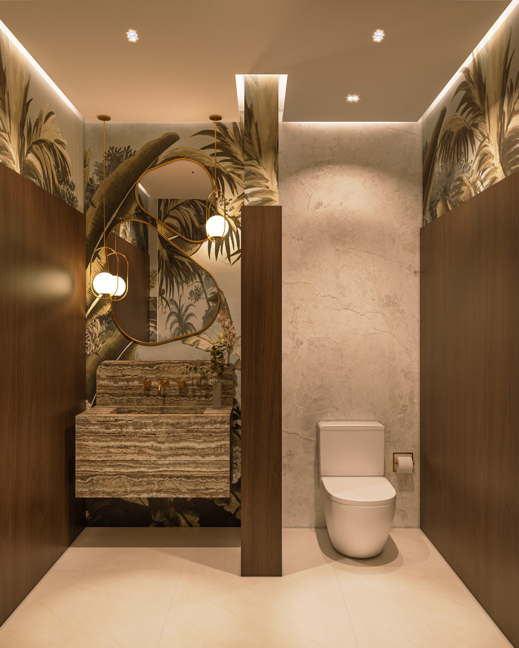 Powder room with sepia tropical palm mural wallpaper, walnut paneled walls, a travertine floating vanity with brass wall-mounted faucet, an organic-shaped brass mirror, opal glass globe pendants and a beige stone wall behind the toilet.