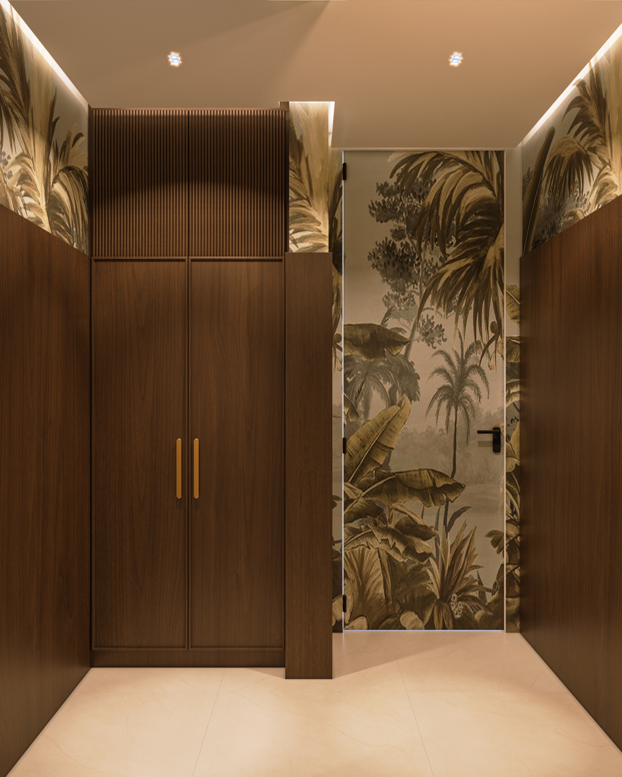 Walnut paneled vestibule with full-height cabinetry, brass bar pulls, fluted upper doors, cove lighting and a door papered in a sepia tropical palm mural.