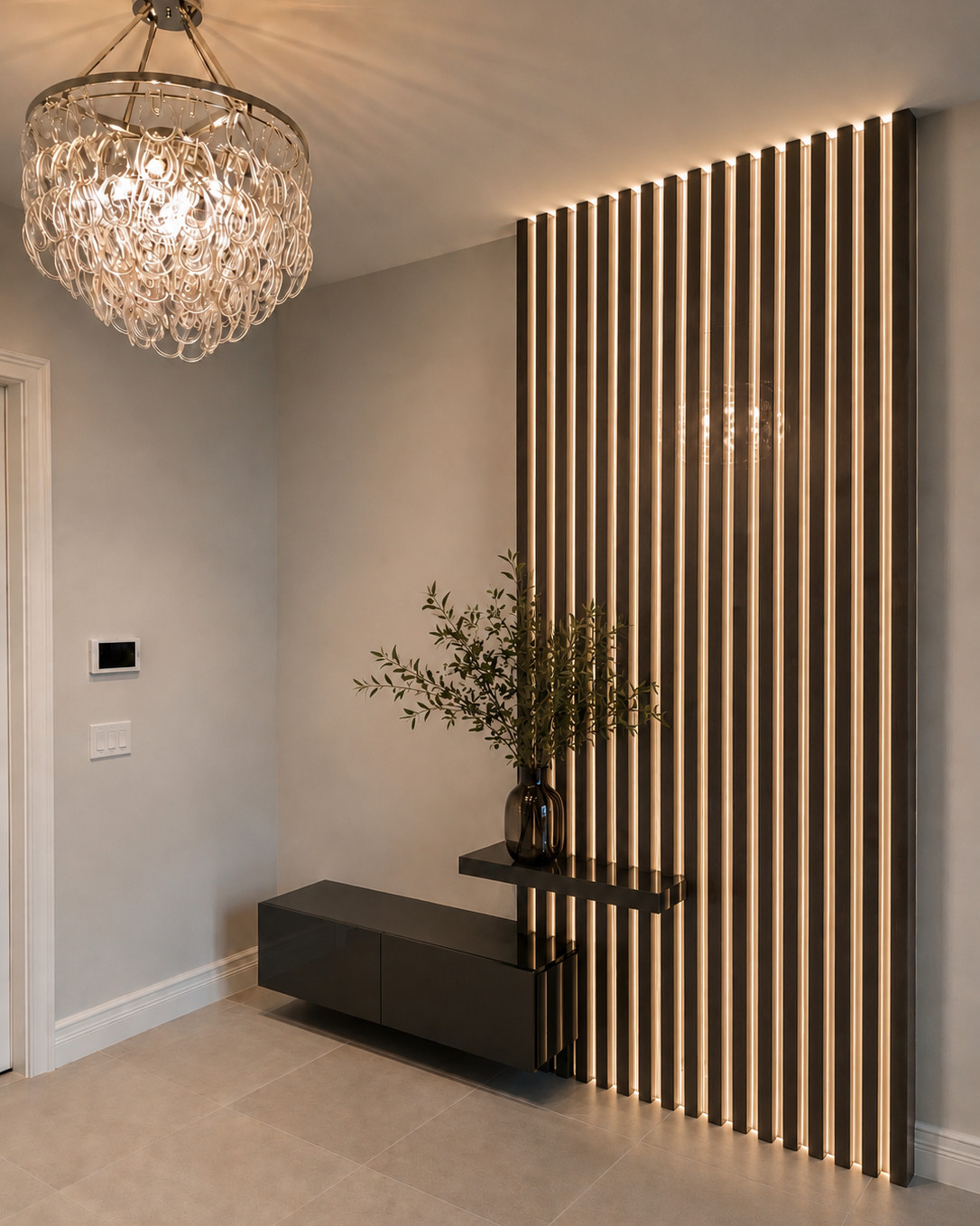 Entry foyer with a backlit dark wood slat wall, a floating black lacquer console and shelf, an olive branch arrangement in a smoked glass vase, and a glass-loop chandelier.