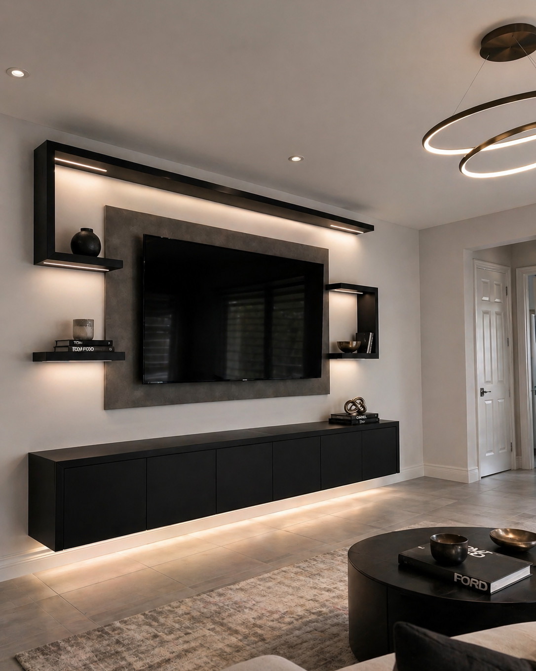 Media wall with a wall-mounted television on a concrete-look panel, backlit black box shelving, a long floating black cabinet with under-lighting and a round black coffee table.