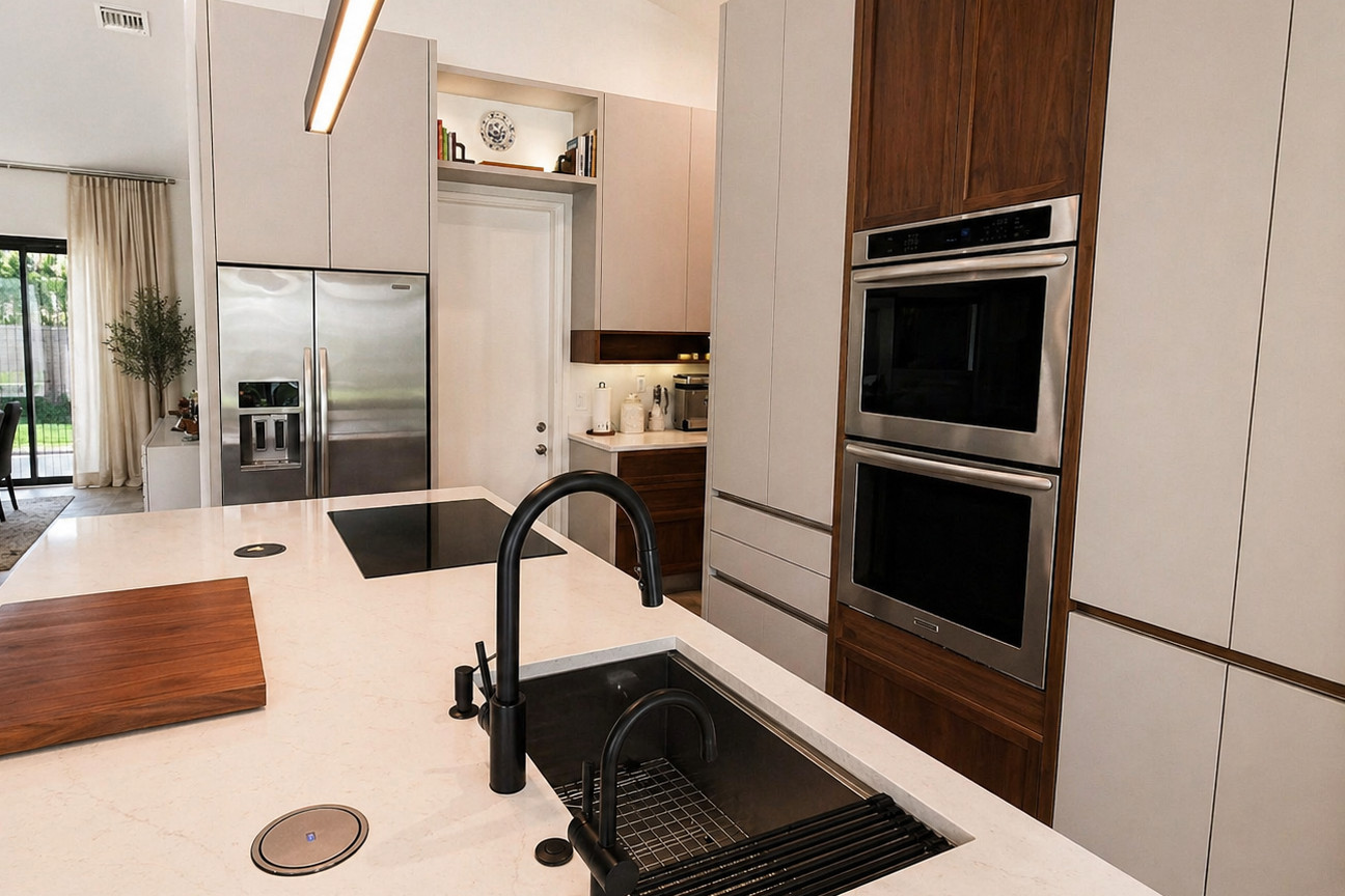 Close view of a white quartz kitchen counter with an undermount black sink, roll-up drying rack, matte black gooseneck faucet, pop-up outlet and a walnut cutting board, with a walnut-clad double wall oven in the background.