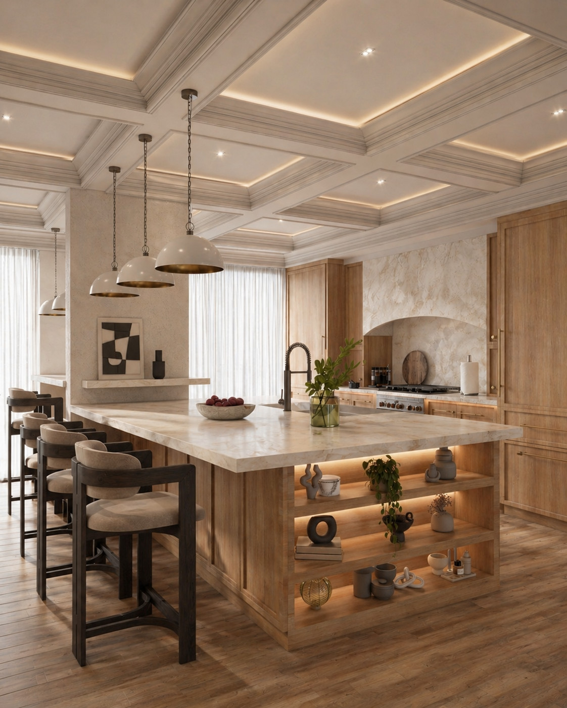 White oak kitchen island with a pale marble countertop, backlit open shelving displaying ceramics, dark wood counter stools and dome pendants under a coffered ceiling with cove lighting.