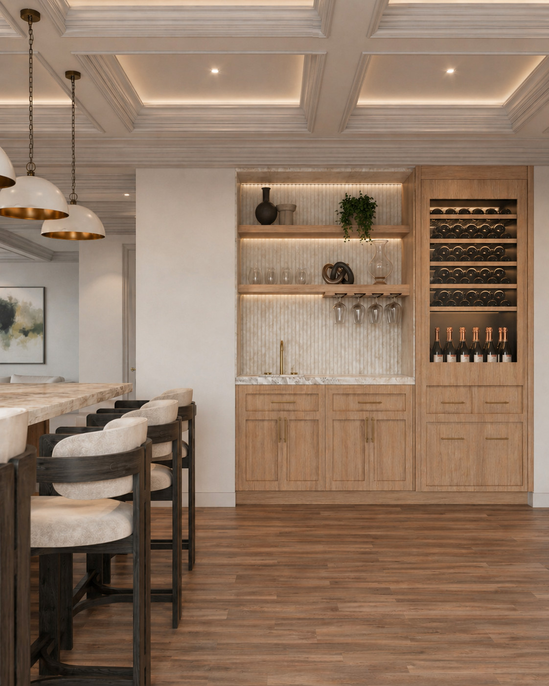 Built-in wet bar in white oak with a fluted stone backsplash, marble counter, brass fittings, stemware shelving and a glass-front wine cabinet stocked with bottles.