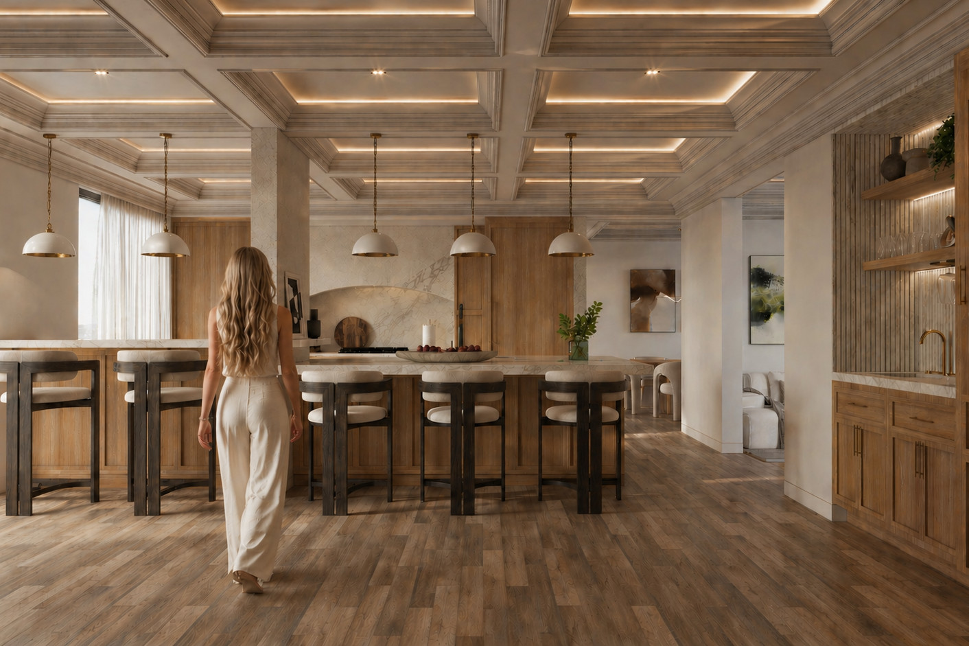 Open plan kitchen with a stone-topped island, upholstered counter stools on dark wood frames, dome pendants, a coffered ceiling and a wet bar with a wine cabinet along the far wall.