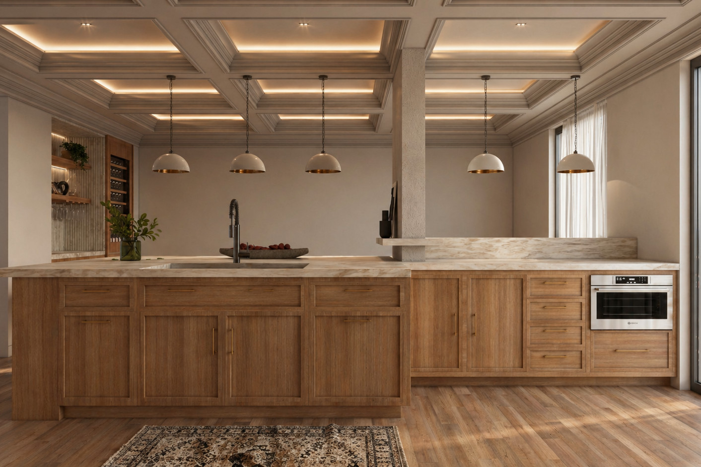 Wide elevation of a white oak kitchen with a honed stone countertop, brass bar pulls, an undermount sink, a stainless wall oven and white dome pendants under a coffered ceiling.