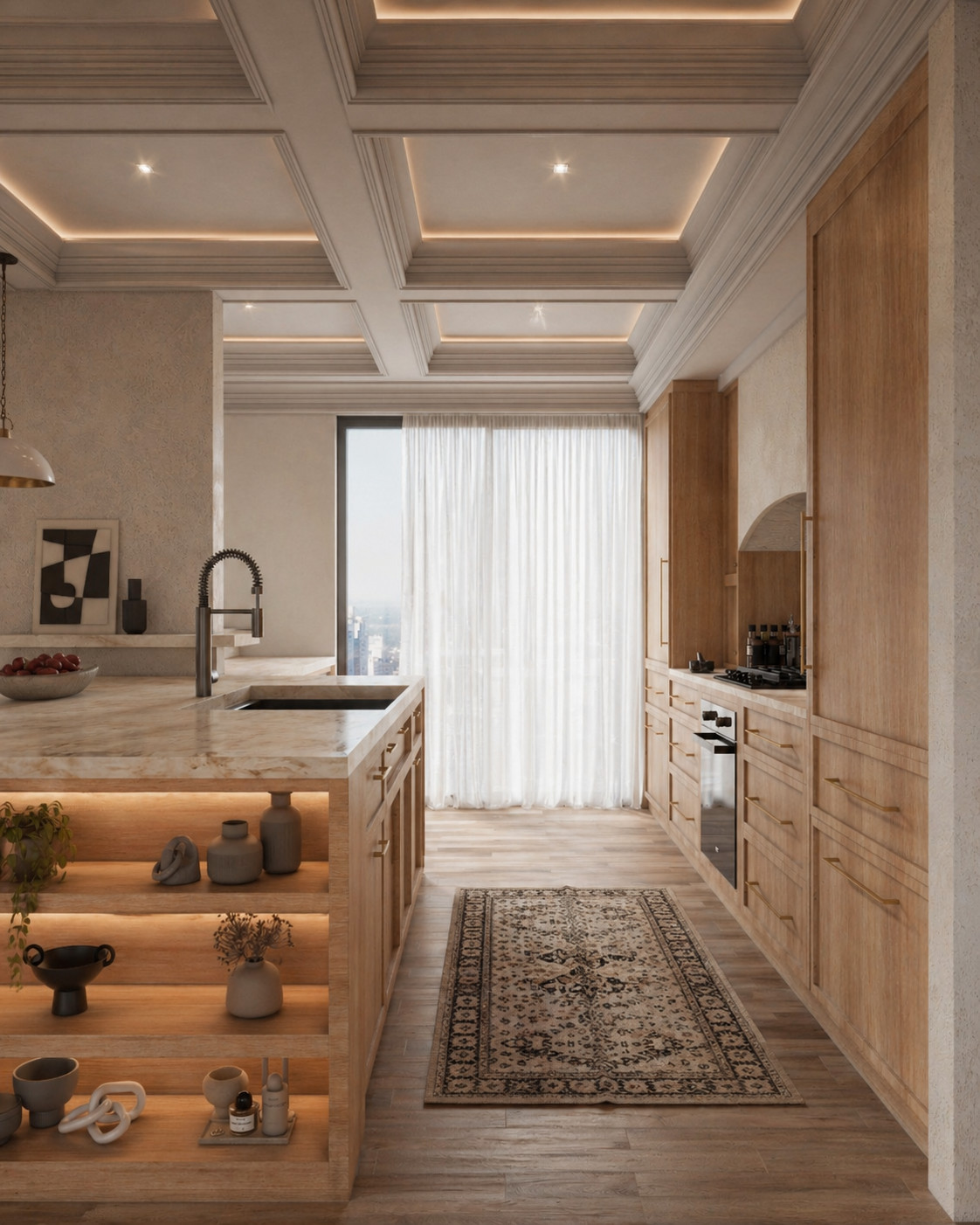Galley kitchen in white oak with a marble countertop and sink, backlit open island shelving, a patterned runner and wide-plank oak floors under a coffered ceiling.
