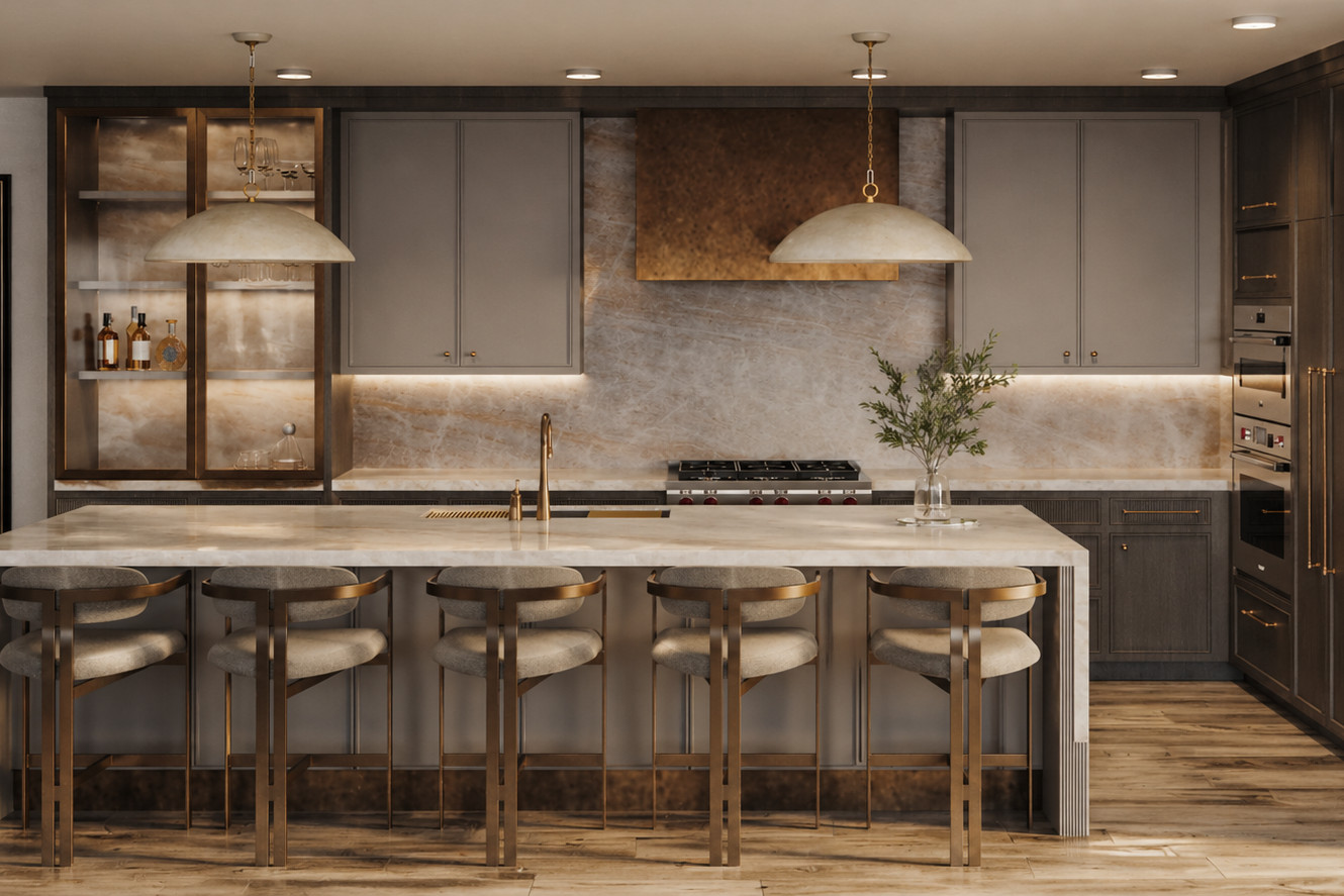 Symmetrical kitchen elevation with dark oak and grey painted cabinetry, a pale quartzite island and full-height backsplash, a burnished bronze hood panel, brass-framed upholstered counter stools and a lit glass display cabinet.