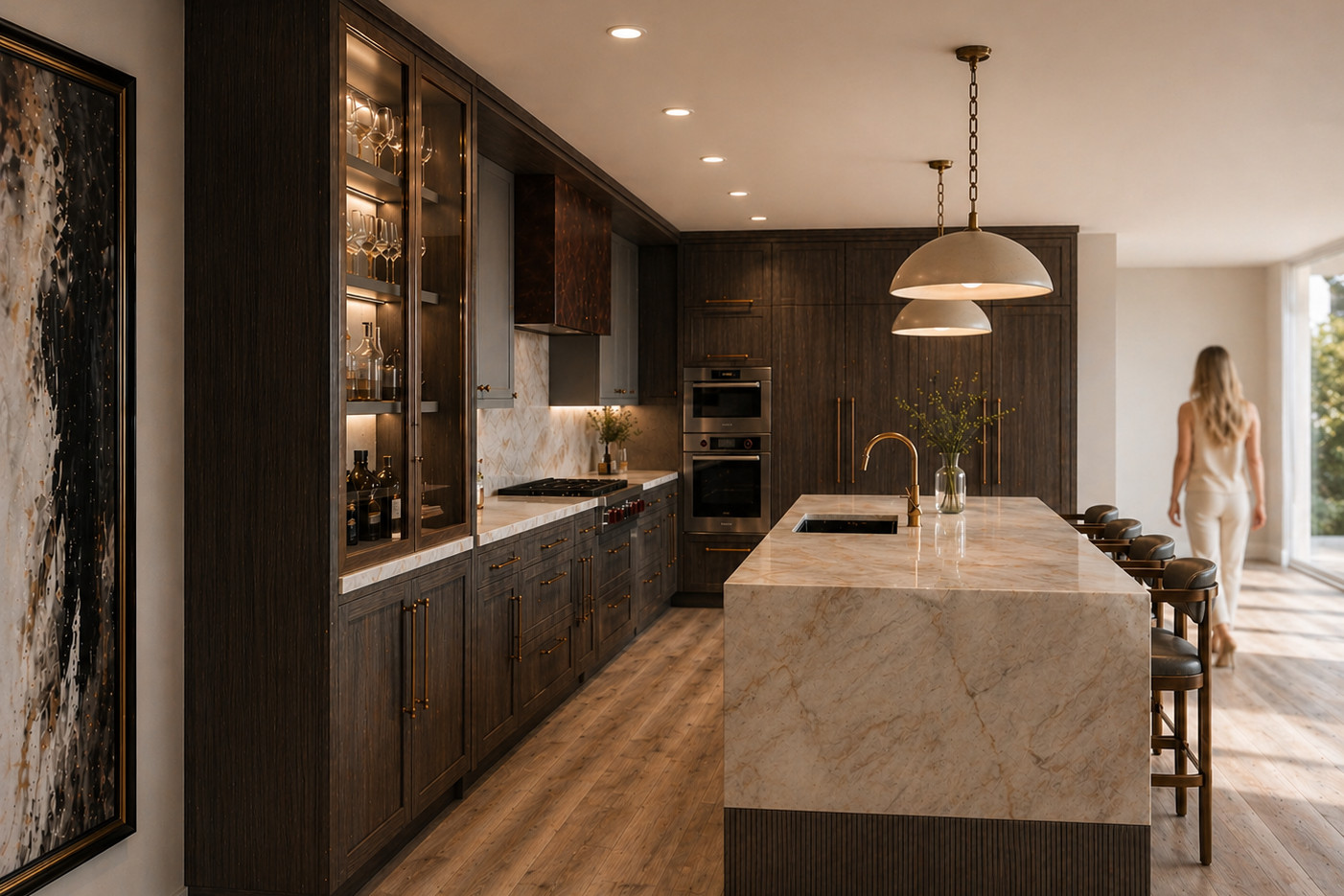 Kitchen seen down its length, with a marble waterfall island and reeded base, dark stained oak cabinetry and a lit glass bar cabinet, stainless wall ovens, alabaster dome pendants and dark leather counter stools over wide-plank oak flooring.